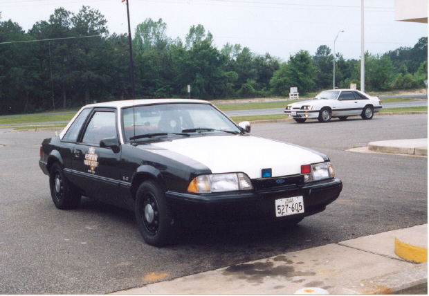 This is a 1987 model Ford Police Mustang used by the Texas Highway Patrol
